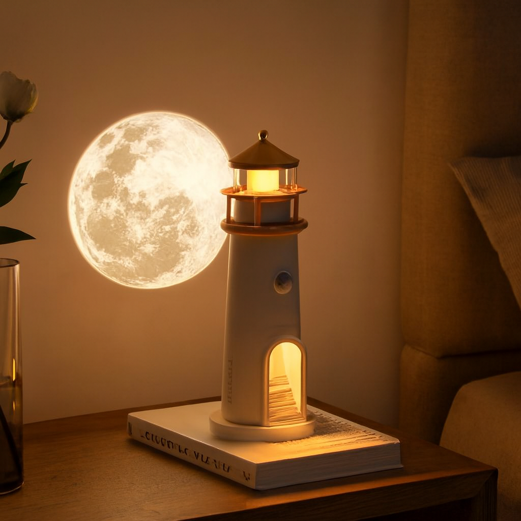 Moon Lamp Projector Night Light, Lighthouse Decor Night Light, Moon Light Galaxy Projector Lamp, Music Motion Sensor Moonlight Lamp,Rechargeable LED Aesthetic Table Lamp Xmas Birthday Gifts